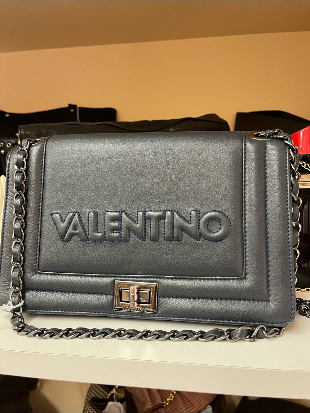 Valentino Navy Leather Chain Shoulder Bag NWOT